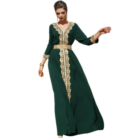 FYMNSI Womens Embroidery Lace Abaya Evening Dress Long Sleeve V-neck Eid Dress Moroccan Kaftan Muslim Maxi Dress M Dark Green