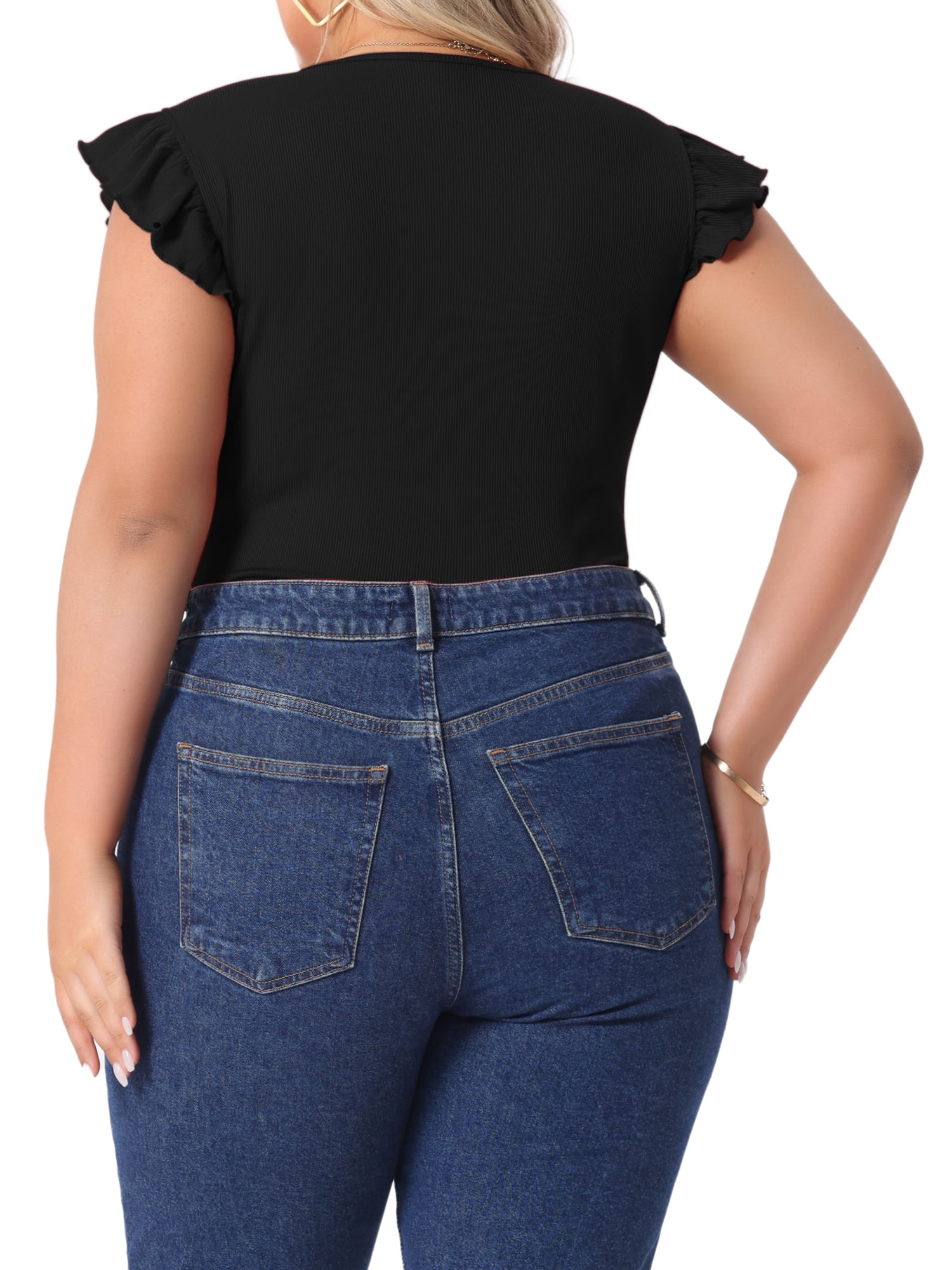 DARING DIVA Women's Plus Ruffle Sleeveless Slim Fit Stretchy Bodysuit 4X Black