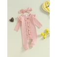 thumbnail image 4 of xiaxaixu Bébé Fille Rompers Solides Boutons de Couleur Froufrous Col Rond Manches Longues Combinaisons Automne Vêtements Bodysuits avec Bandeau, 4 of 8