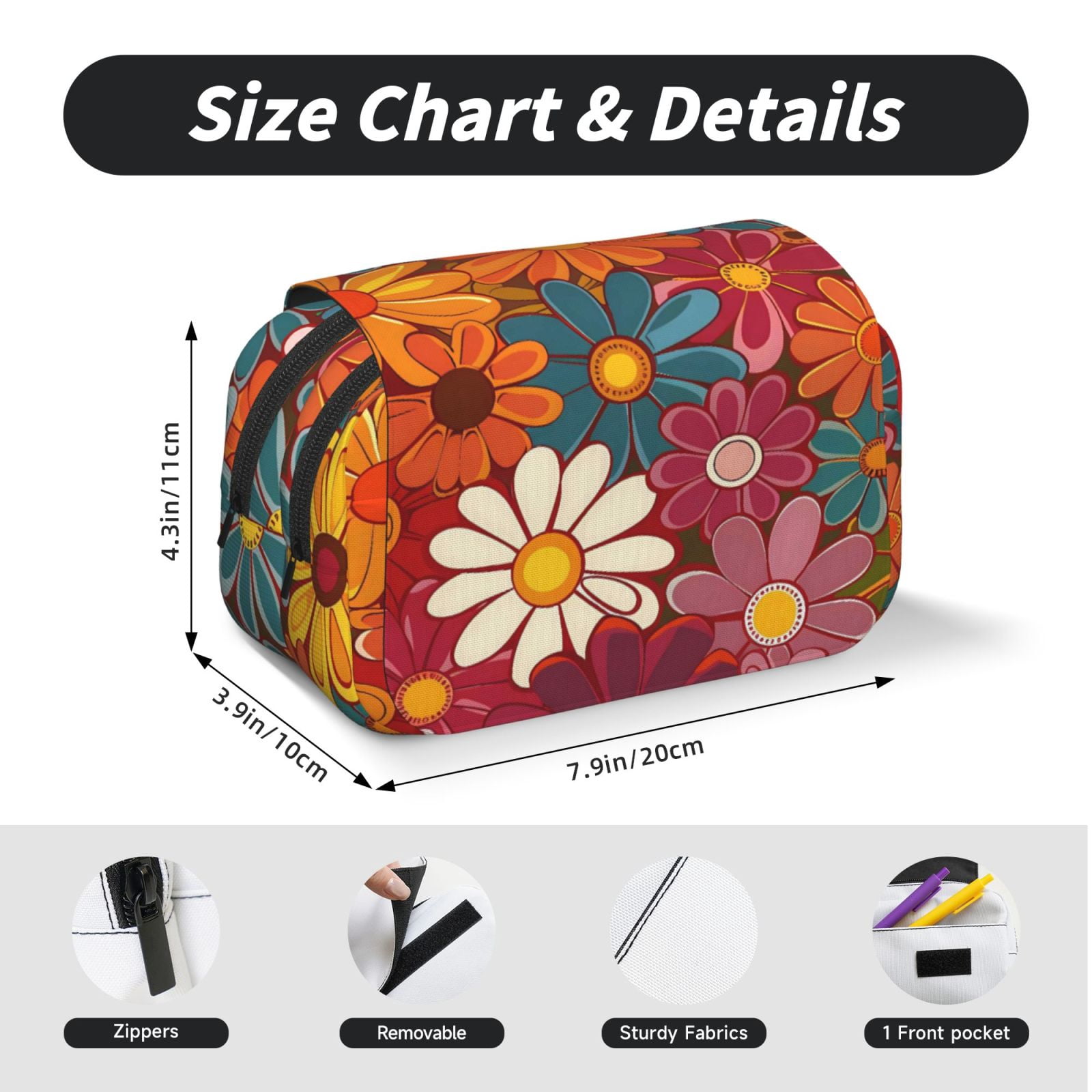 Large-Capacity Flip-Top Double-Layer Pencil Case, Multi-Functional Pocket Pen Case, Durable Stationery Organizer Groovy Flowers (10)