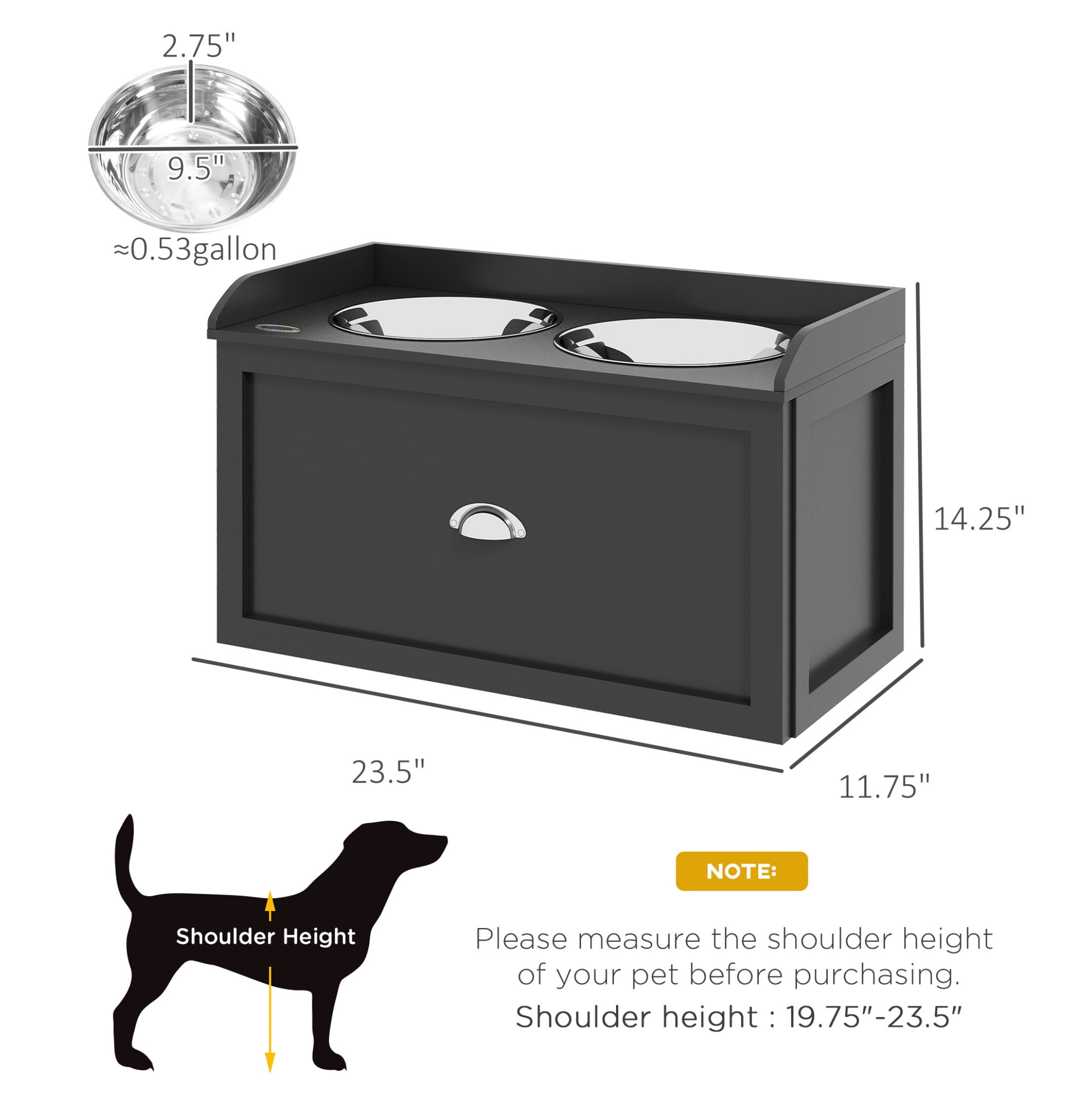 Dog Feeding Station Elevated Bowls for Large Dogs, Pet Dish Set with Storage, Black