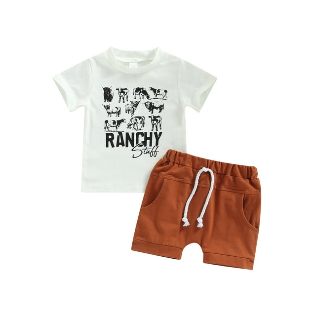 Faithtur Bébé Garçons 2Pcs Tenues d'Été, Manches Courtes Vache Lettre Imprimée T-Shirt + Noeud avant Short Set