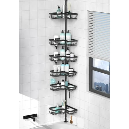 Corner Shower Organizer, 6-Tier Tension Pole Shower Caddy, Black Floor Standing Corner Shelf for Shower 25-114.2 inch, Waterproof and Rustproof