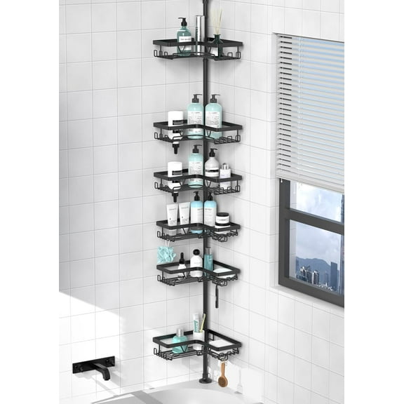 Corner Shower Organizer, 6-Tier Tension Pole Shower Caddy, Black Floor Standing Corner Shelf for Shower 25-114.2 inch, Waterproof and Rustproof