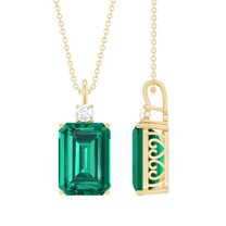 Rosec Jewels Lab Created Emerald Solitaire Pendant Necklace with Moissanite - 10X14 mm, 14K Yellow Gold