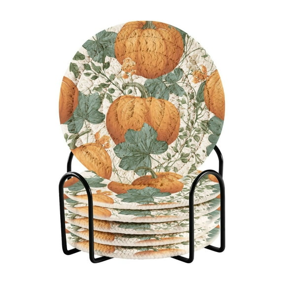 Round Placemats Set of 6 Heat Resistant Washable Kitchen Table Decorations 15.4in Pumpkins and Leaves