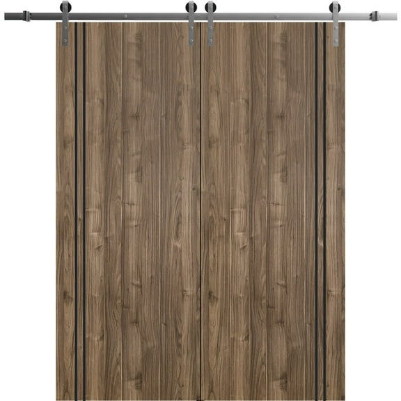 Sturdy Double Barn Door 36 x 80 inches with | Planum 0016 Walnut with Frosted Glass | Stainless Steel 13FT Rail Hangers Heavy Set | Solid Panel Interior Doors