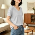 thumbnail image 5 of Fengqque Womens Short Sleeve Tops V Neck Summer T Shirt Casual Basic Tees Solid Color Trendy Tops Gray S(S), 5 of 6