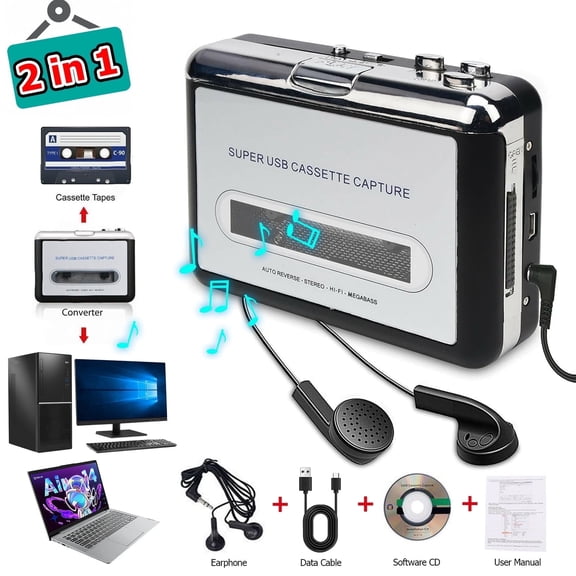 USB Cassette Capture Portable Tape Player Converts Cassettes to MP3,Black