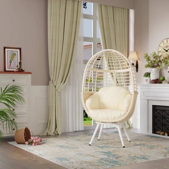 Vmopu 360 Swivel Rattan Egg Chair, Indoor Outdoor Patio Wicker Egg Chair with stuffed Cushions, 400lb Weight Capacity, Rattan with Beige Cushion