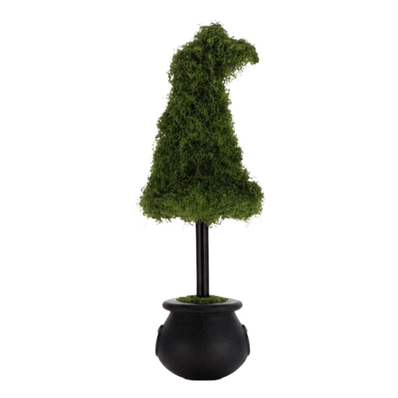Moss Witch Hat Topiary in Cauldron,20 Inch Textured Artificial Moss Tabletop Ornament,Texas Style Indoor Halloween Decor for Mantel, Entryway Shelf