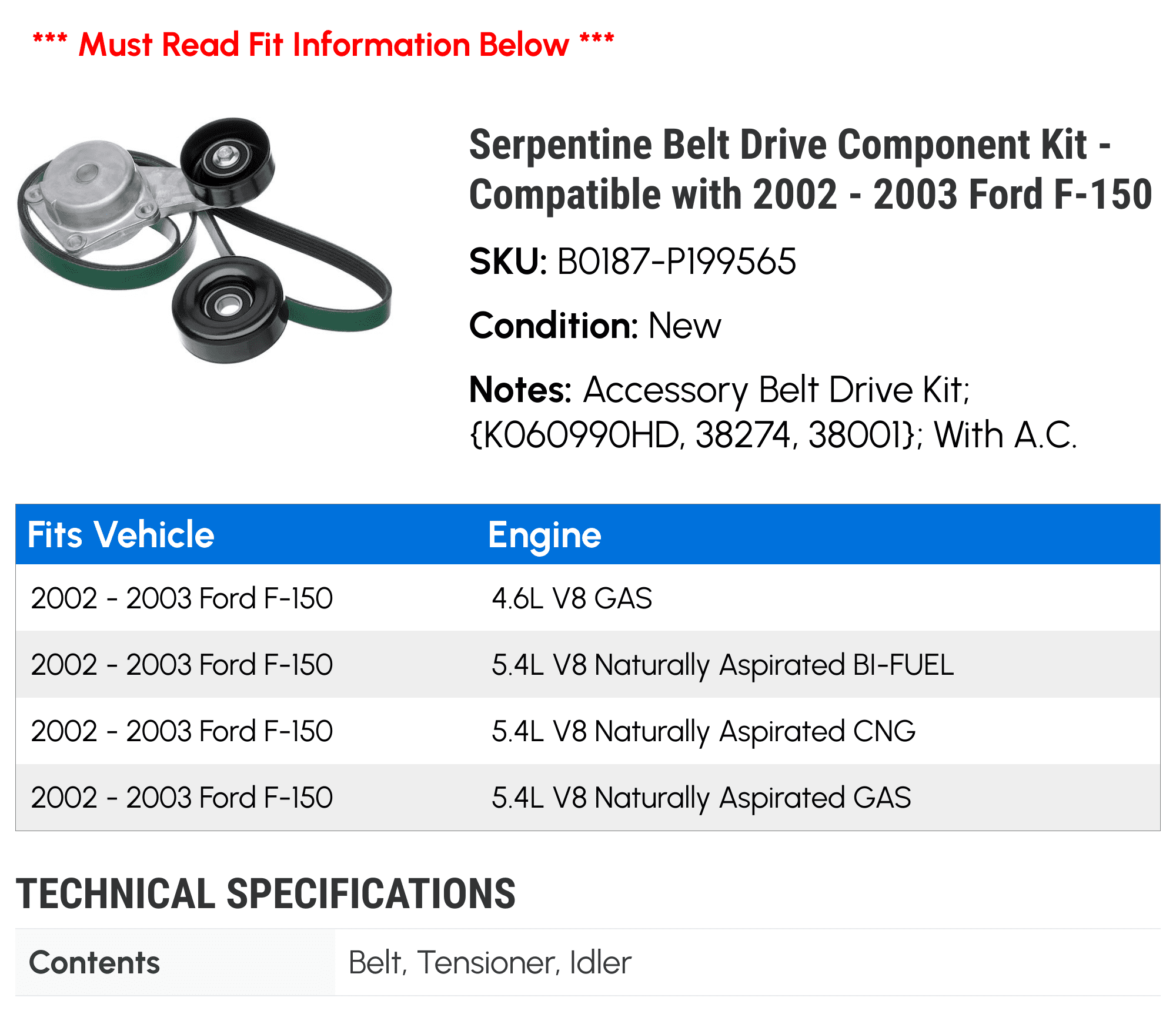 Serpentine Belt Drive Component Kit Compatible With 1997 2001