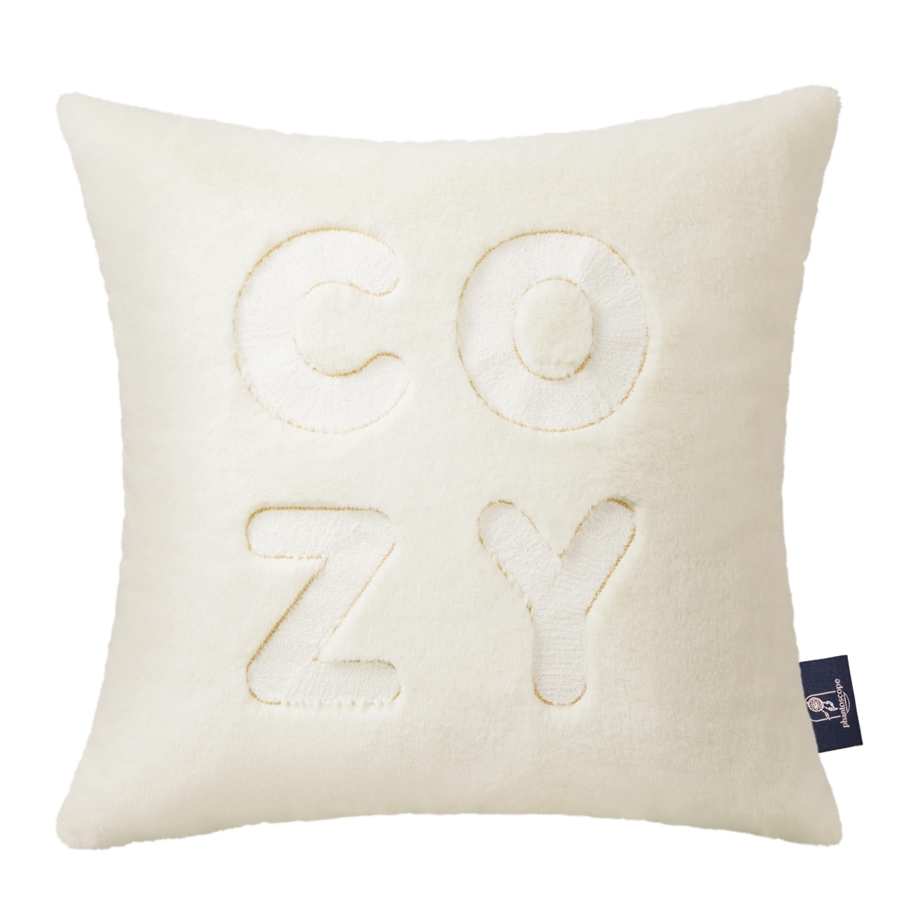 Phantoscope Faux Rabbit Fur Decorative Pillow, COZY Embroidered Winter Series, 18" x 18", Off White, Pack of 1