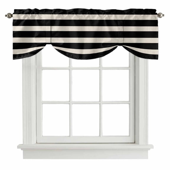 Black Beige Striped Tie Up Valance Curtains for Windows, Kitchen Curtains Window Shades, Vintage Geometric Line Simple Light Filtering Roman Curtain Valances for Bedroom/Bathroom/Cafe 60"x18"