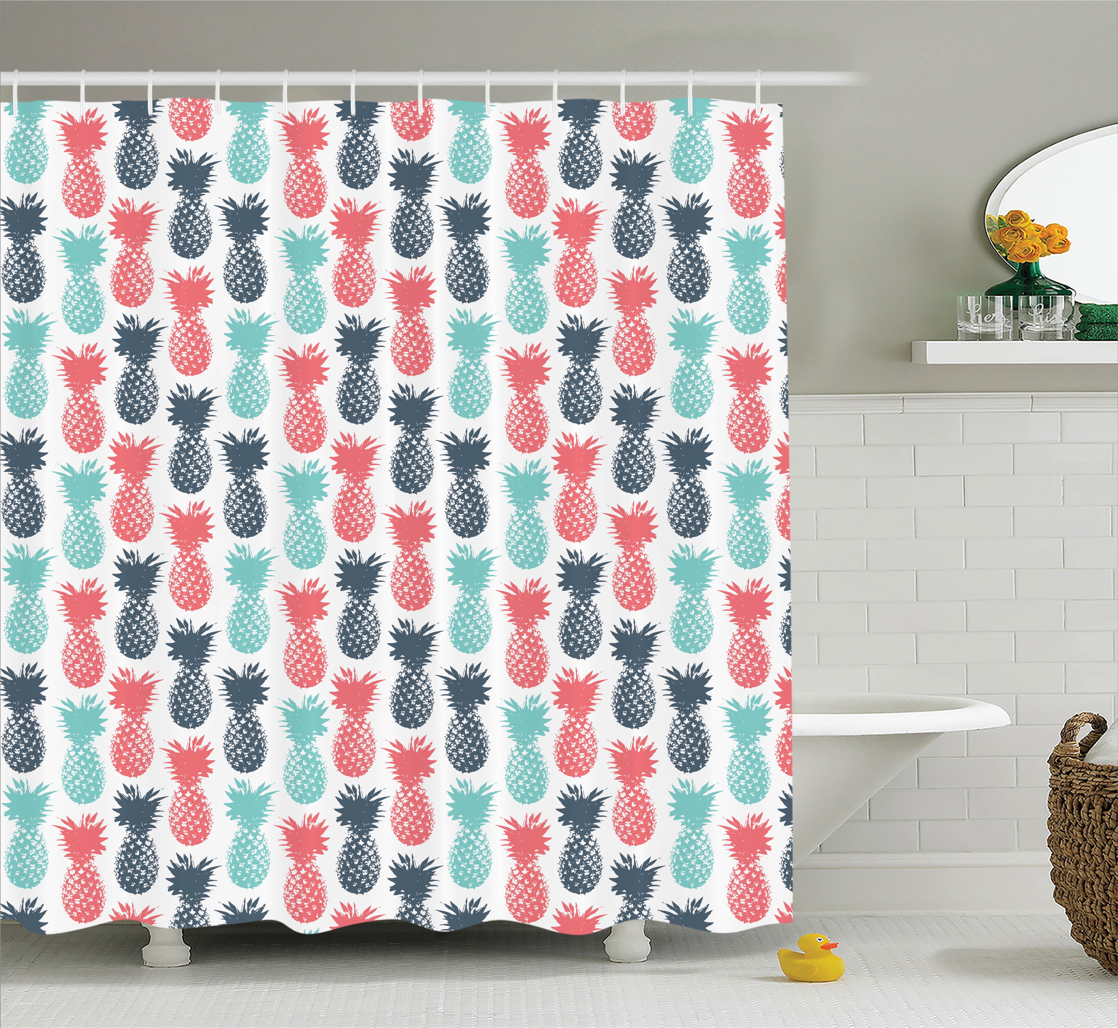 Pineapple Decor Shower Curtain Island Tropic Fruit Pattern Minimal Backdrop Pop Art Print Fabric Bathroom Set With Hooks 69w X 70l