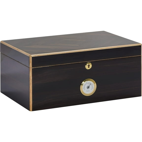Humidor Supreme Basel Desktop Cigar Humidor, Maple Wood with Ebony Inlays, Holds 40-75 Cigars