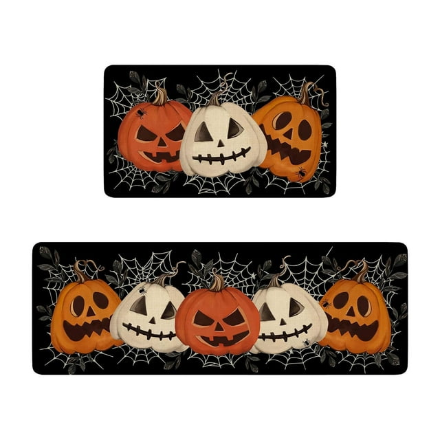 Popular Home Essentials, Halloween Kitchen Rugs Set Of 2 Black Pumpkin Kitchen Mats for Floor Halloween Non Slip Washable Mats Home Decor Doormat+Runner Rug