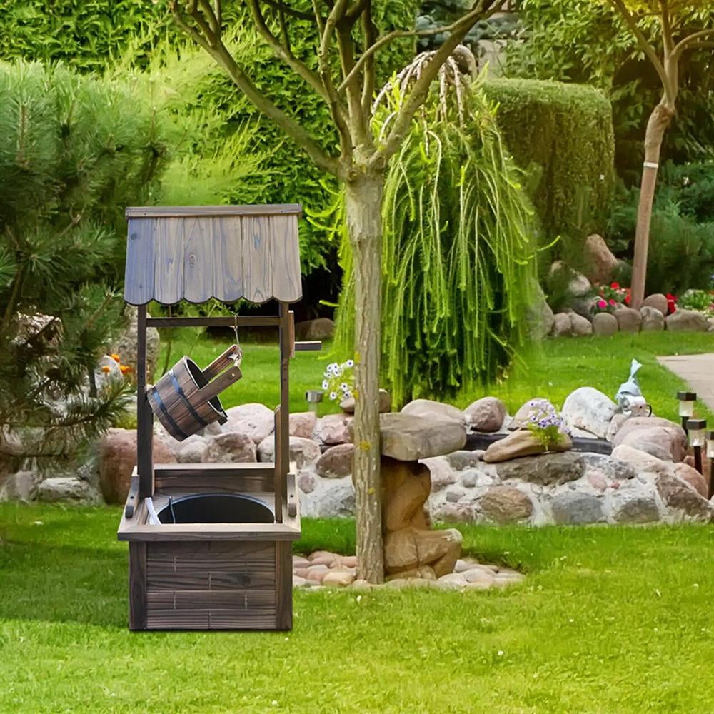 GVN Outdoor Wooden Wishing Well Fountain with Adjustable Water Flow Rate, Outdoor Rustic Waterfall Fountain with Electric Pump, Water Bucket