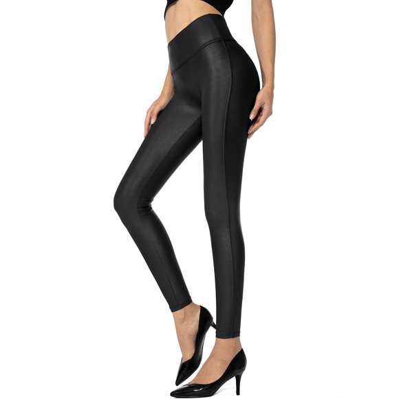 Leggins SANTINY de piel sintética elásticos de cintura alta para mujer, negros