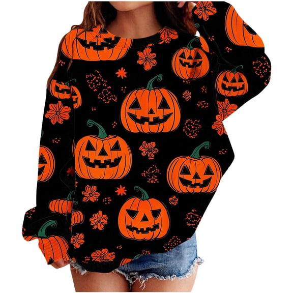 Cethrio Girls Halloween Sweatshirts Size 10-12, 2026 Long Sleeve Printed Crew Neck Halloween Tops Multicolor