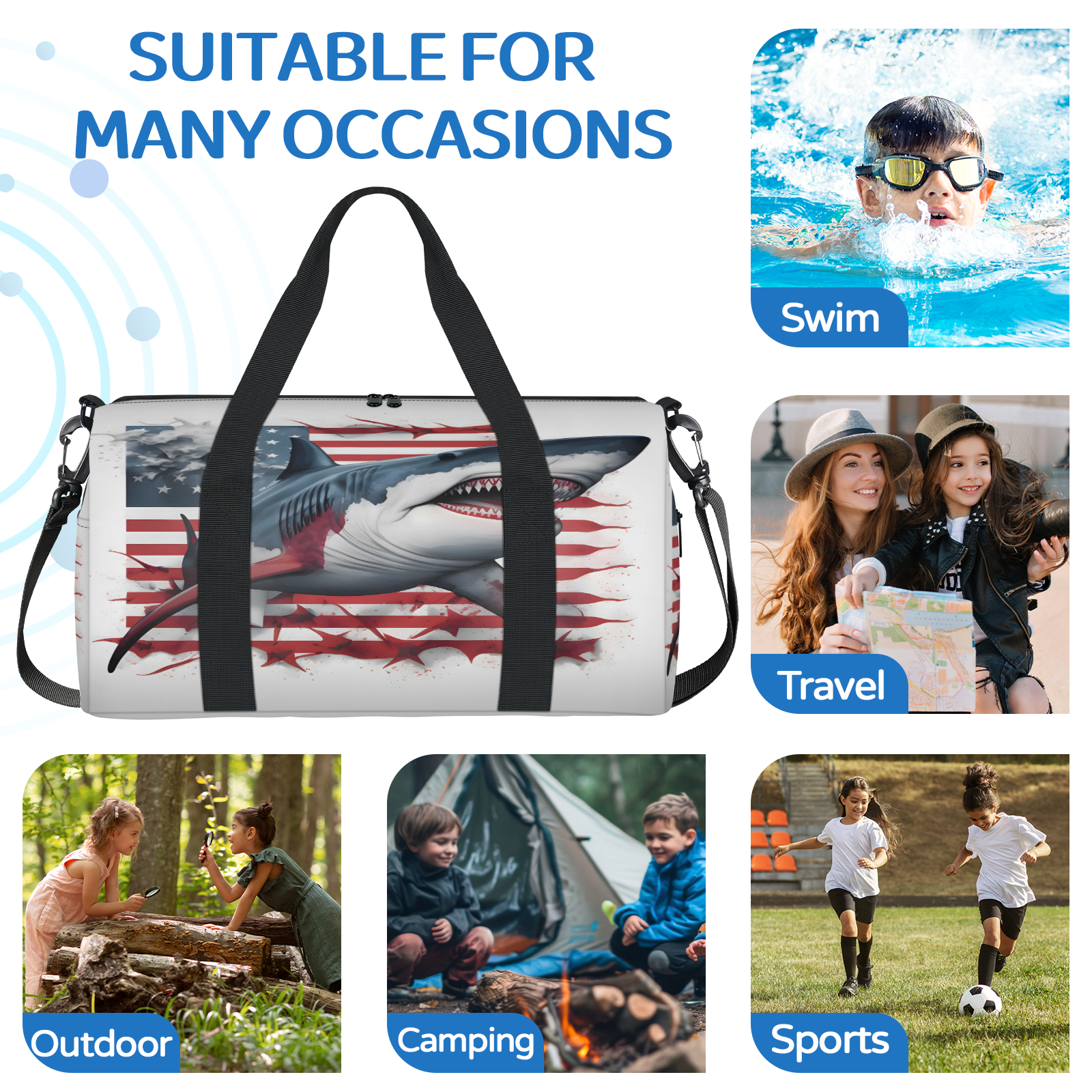 Herdesigns Shark American Flag Gym Bag for Women, Duffle Bag for Travel Sport, Lightweight Waterproof Carry on Weekender Overnight Dance Yoga Workout Bags