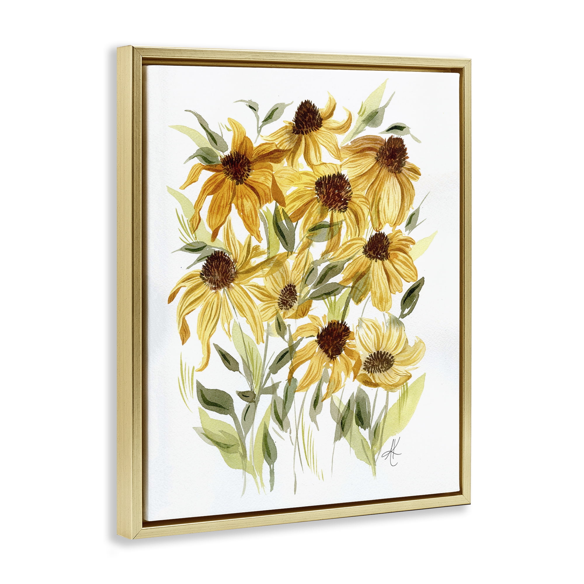 Stupell Industries Yellow Rudbeckia Florals Botanical & Floral Painting Gold Floater Framed Art Print Wall Art, 17 x 21