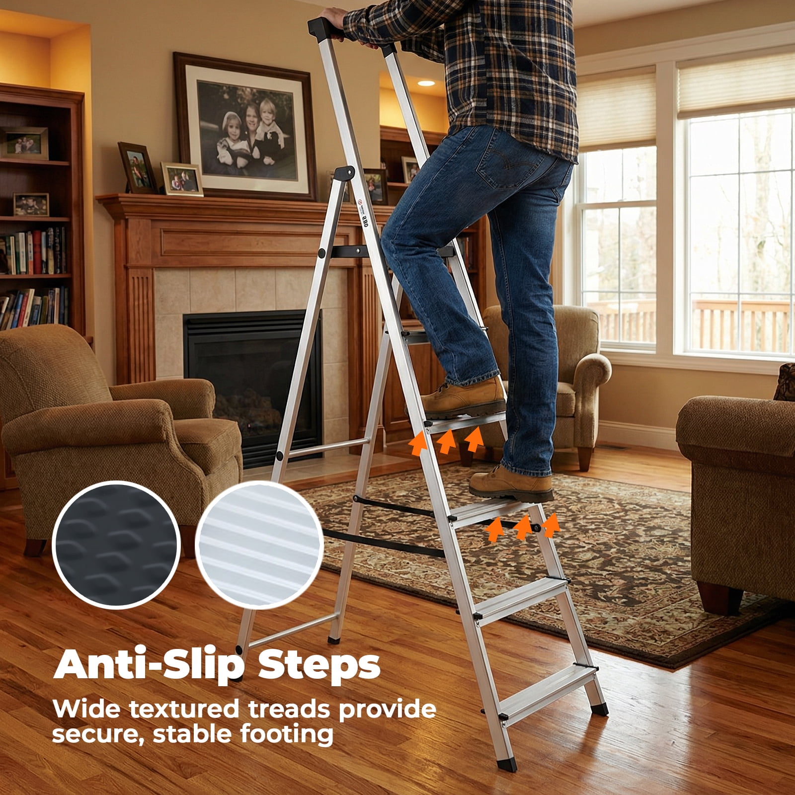 Alvantor 6-Step Folding Aluminum Ladder, 330 lbs Capacity, Lightweight with Anti-Slip Steps & Handrail