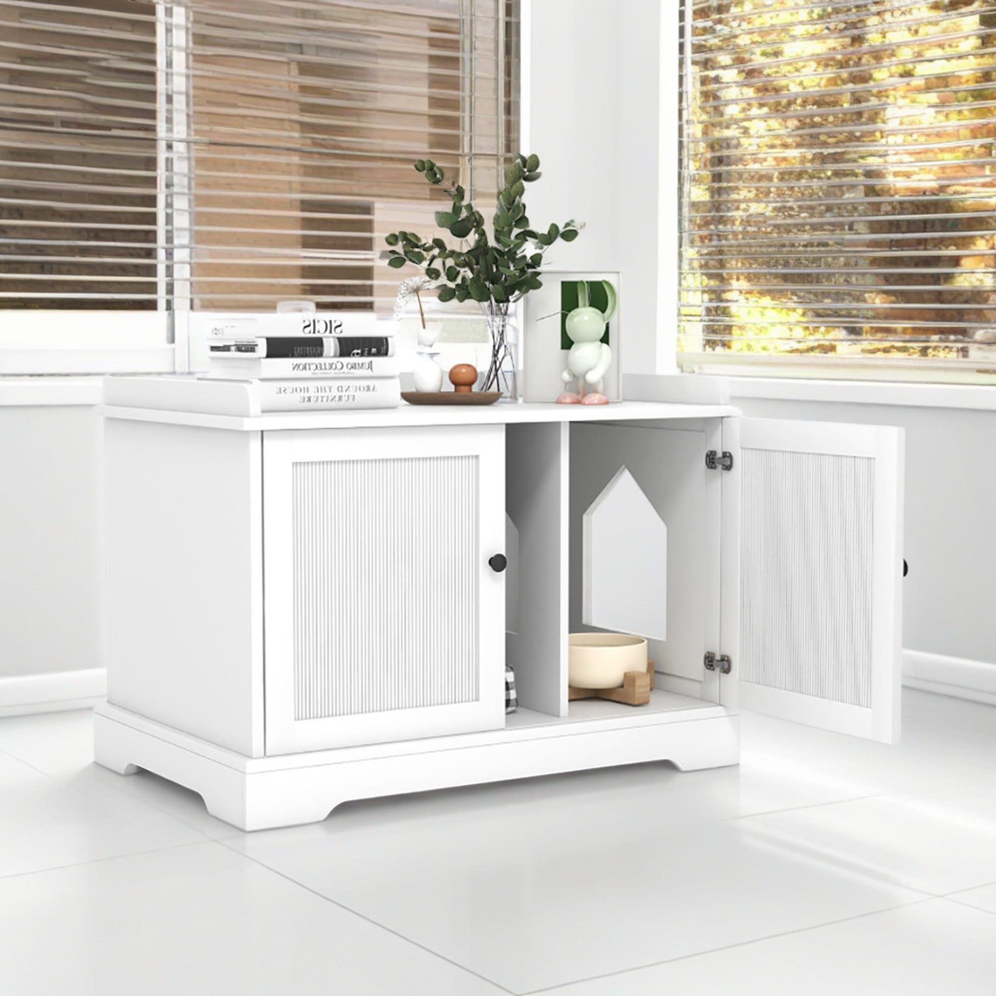 resenkos 29" Cat Litter Box Enclosure Furniture Hidden with Cat Scratch Pad, Decorative Wooden Cat House Litterbox Furniture Cabinet, White