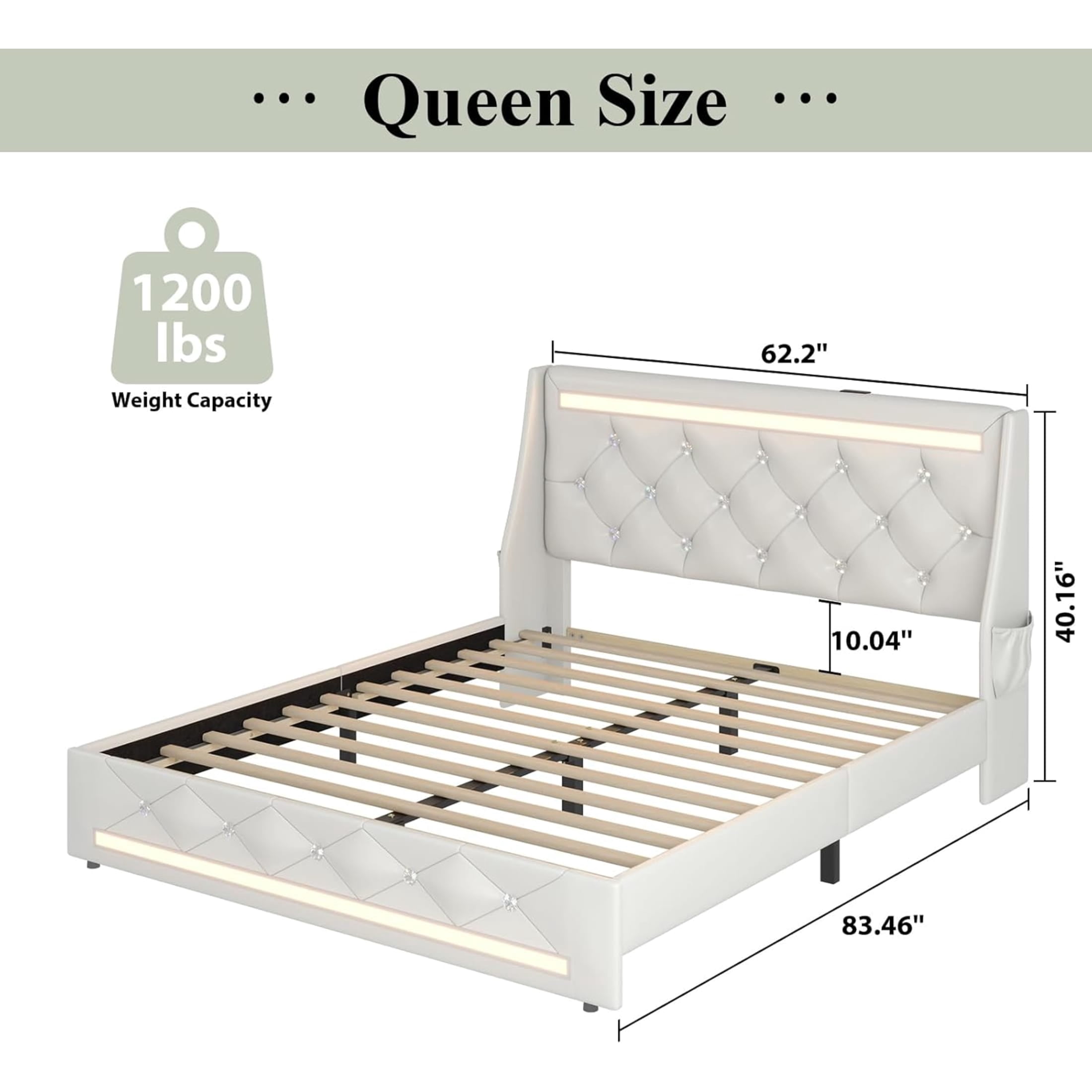 Noble House Eille Queen Size Upholstered Bed Frame with LED Lights & Charging Station, Diamond Headboard, White