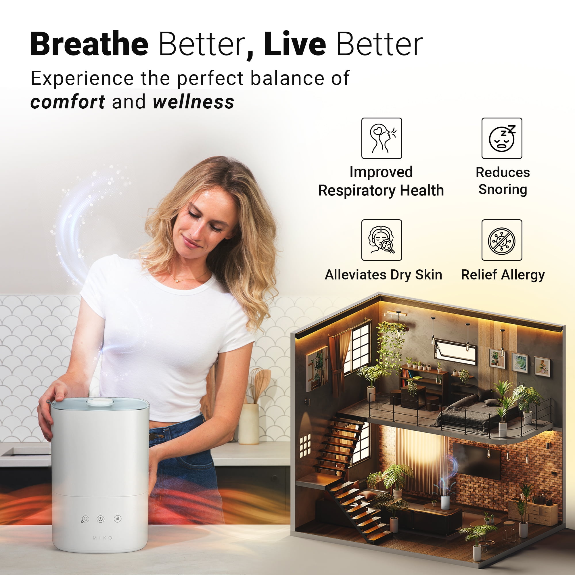 MIKO Breeze + Smart Humidifier with App Control Ultra-Quiet, Top-Fill Design, Aromatherapy, and Rapid Humidity Increase Breeze+