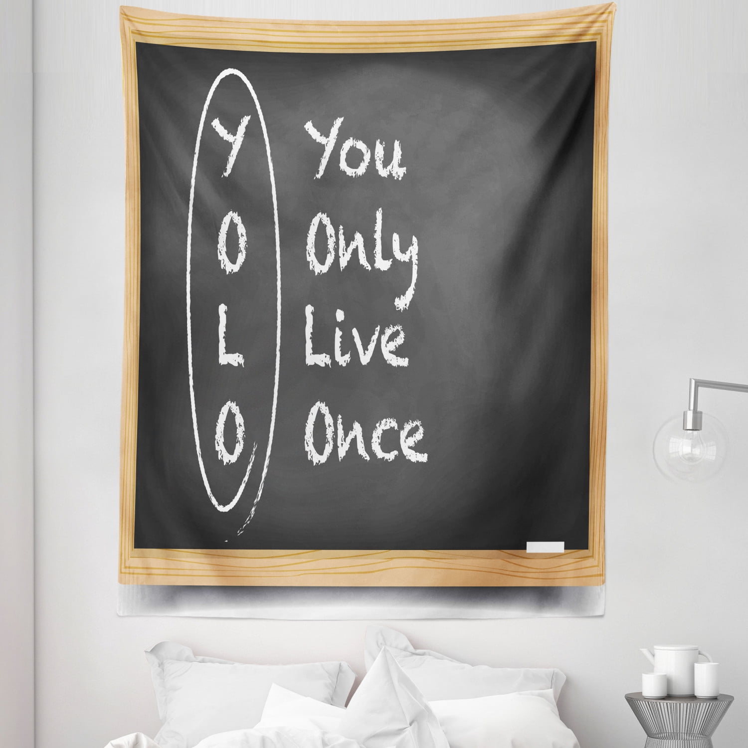 YOLO Tapestry, Chalkboard Background Abbreviation Room Themed