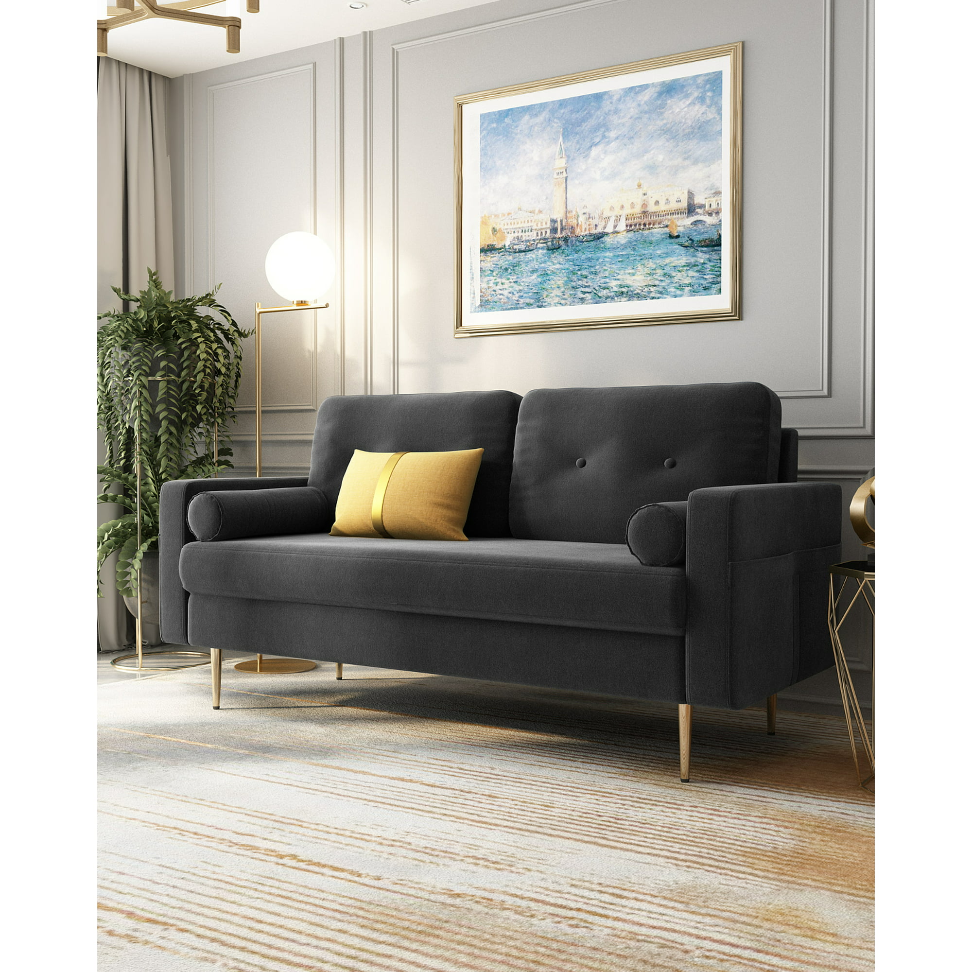 Sofa In A Box Real Velvet Modern Design 2 Seats Cozy Sofa Couch Includes Golden Legs And Two Comfortable Tufted Cushions Dark Grey Available In 6 Colors Walmart Canada
