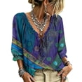 thumbnail image 2 of Women's 3/4 Length Sleeve Boho Tops Lace Up Blouse Women's V-Neck Abstract Geometric Print Loose Fit Work Blouses, 2 of 5