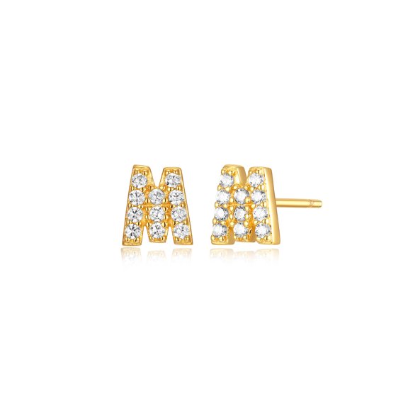 Forever Facets "M" CZ Earrings in Gold over Sterling Silver, Adult Female