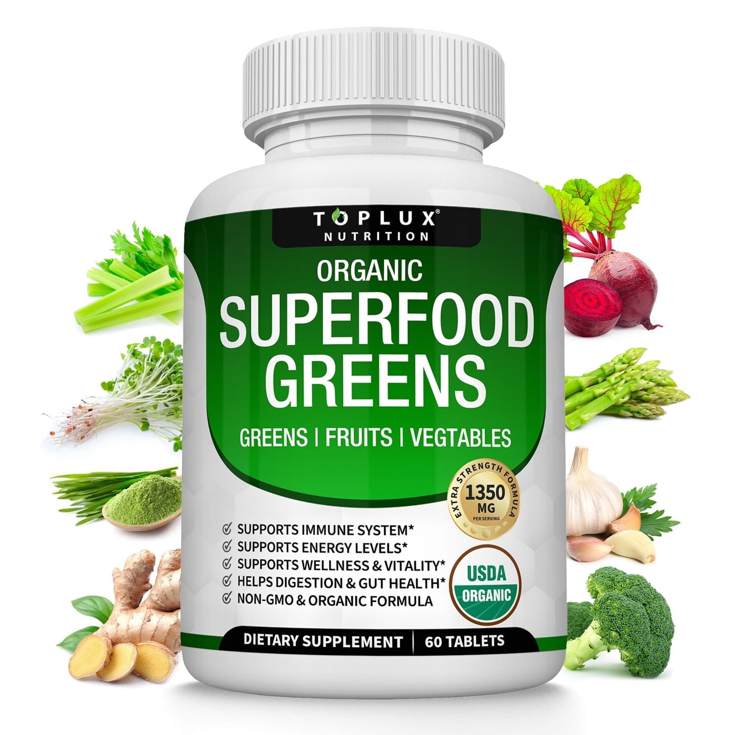 Toplux Organic Superfood Greens Capsules 1350mg Super Greens Supplement with over 28 Superfoods for Overall Health & Wellness 60 Tablets