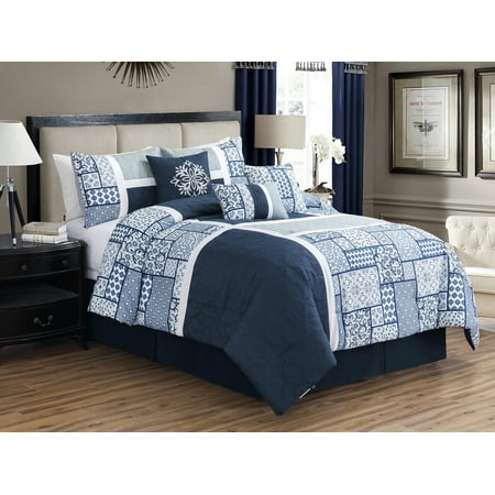 Blue Floral Comforter 7-Pc Parker Vintage Patchwork Embossed Floral Medallion Paisley Scroll Comforter Set Navy Blue Gray Silver White Queen ()