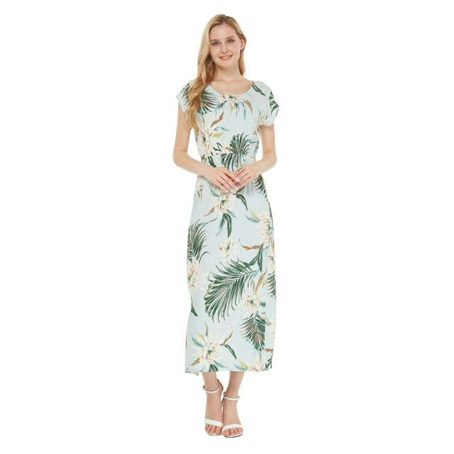 Robe Maxi Simple à Manches Courtes Hawaïenne pour Femmes Luau S Wispy Cereus Bleu Clair