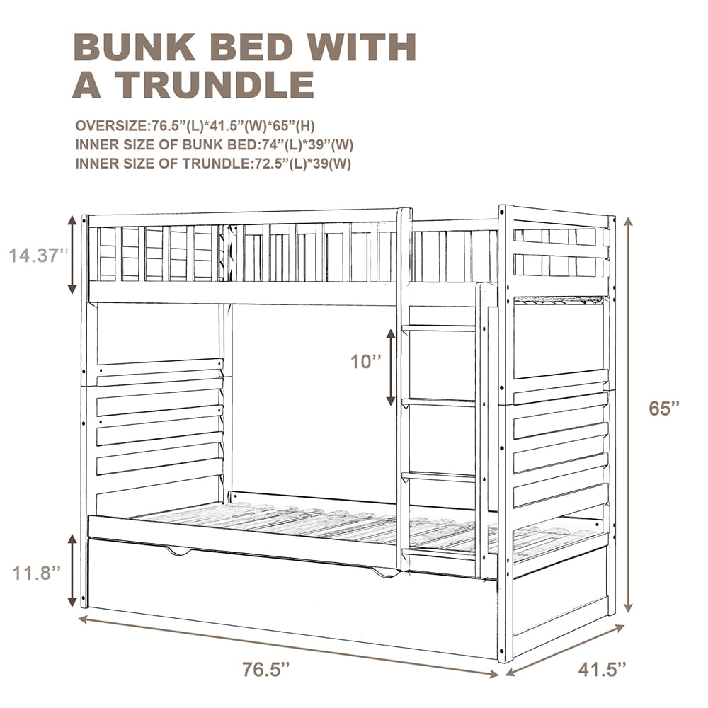 Private Jungle Solid Wood Twin Bed, Over Twin Bunk Bed with Trundle, Espresso