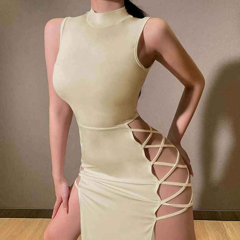 韓国KINDAME Volume-UpHigh-WaistSemiBootcut WTXUE Dresses, High Slit Sleeveless Double Split Crew Neck