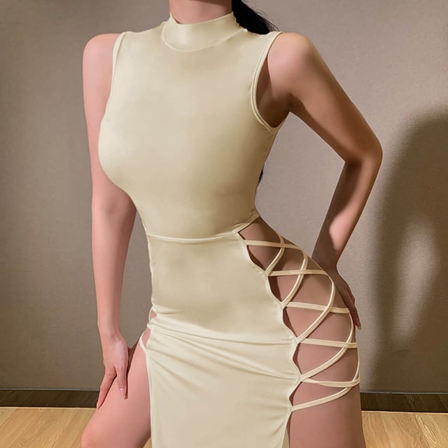 Robes Grande Taille Col Rond Été Sans Manches Fendue sur le Côté Mode Maxi Robe Beige m