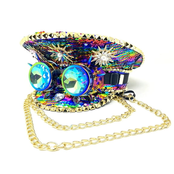 RAVE Captain Style Luxury Rhinestone Sequin Sparkly Concert Hat for Music Festivals