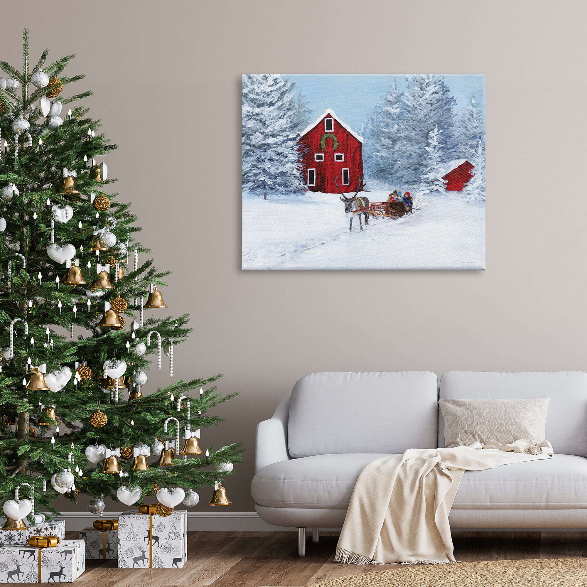 Reindeer Pulling Sled Children Rural Niveous Landscape Landscape Painting Gallery-Wrapped Canvas Print Wall Art