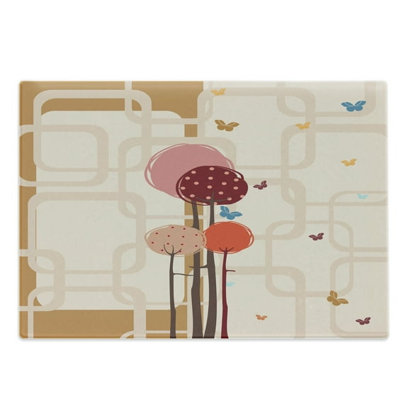 Retro Cutting Board, Colorful Trees and Butterflies Round Edged Squares Funky Spring, Decorative Tempered Glass Cutting and Serving Board, Large Size, Dried Rose Scarlet, by Ambesonne