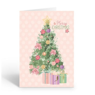 Christmas Tree Decorated with Pink Poinsettias Holiday Card - 12 Cards with Envelopes - Chrismtas - B18049