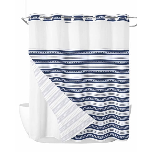 No Hook Shower Curtain with Snap-in Liner, Navy Blue Striped Waterproof Fabric Bathroom Curtains, Farmhouse Striped Geometric Art Bath Curtains & Mesh Top Window Stand Up Stall 72"x78" Long