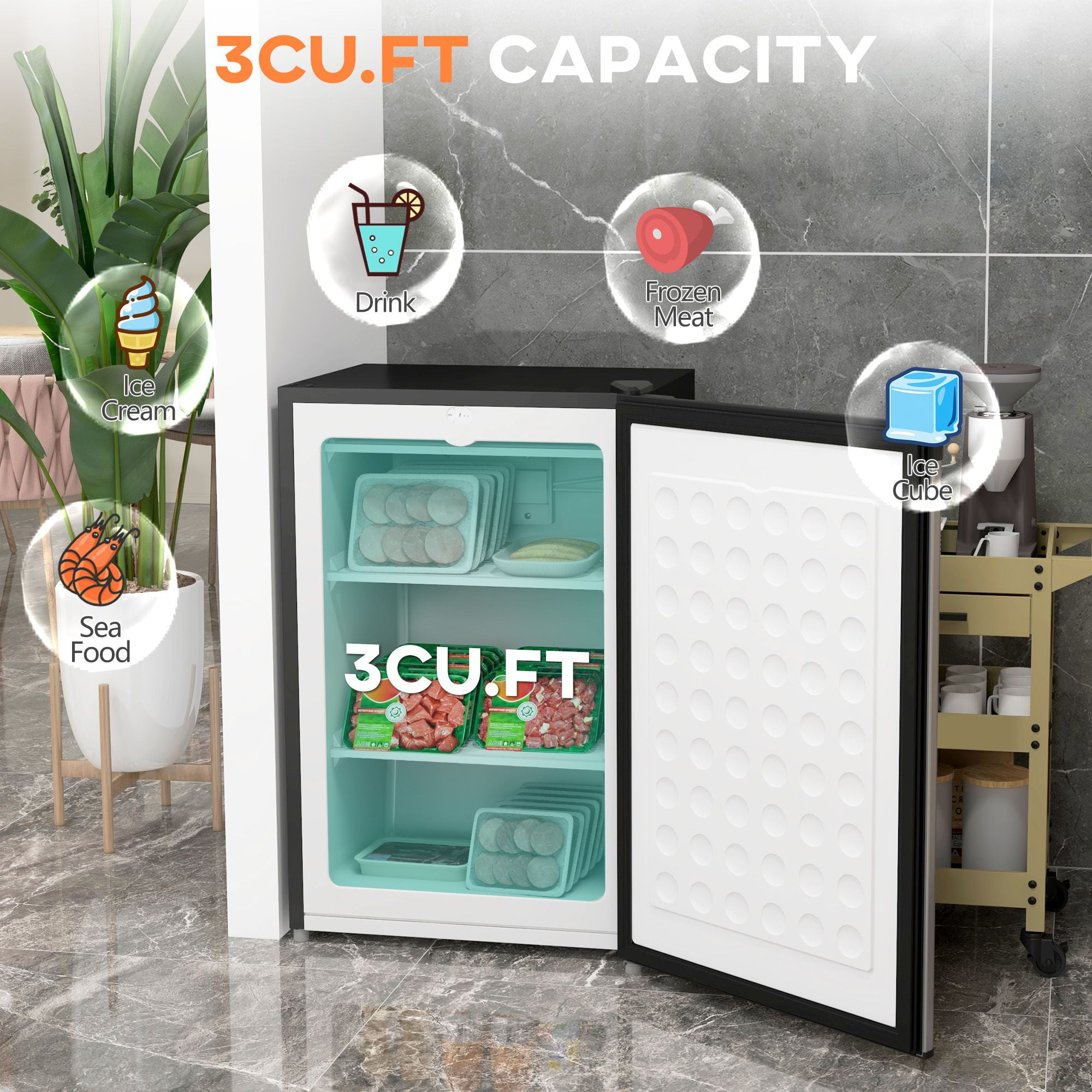 3 Cu Ft Upright Freezer with Adjustable Temperature, Reversible Door in Silver Finish