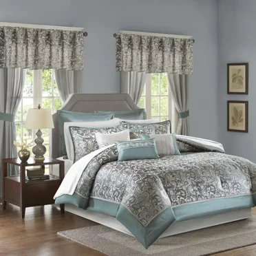 Madison Park Essentials Brystol 24 Piece Room Comforter All Season Bedding-Set (teal,queen)