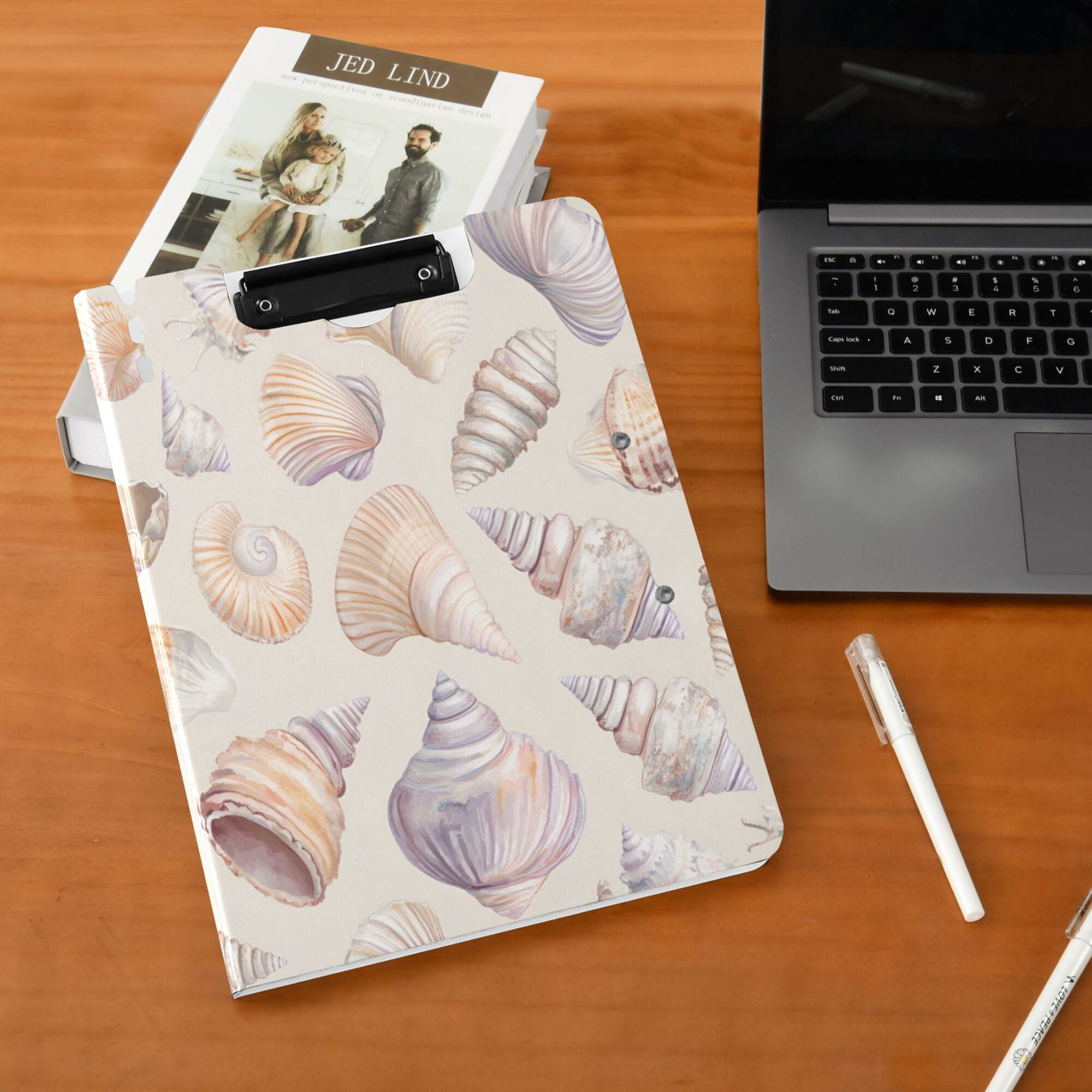 FORMRS A4 Clipboard Folder with Pen Holder Horizontal Foldable School Office Binder, Orange Watercolor Seashells