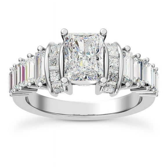 Empire Jewelry Princess-Cut & Baguette Solitaire Engagement Ring - 2.2 Ct Radiant Cut Moissanite Wedding - 14K White Gold Plated Jewelry - Stylish Lab Grown Diamond Jewelry for Celebrations