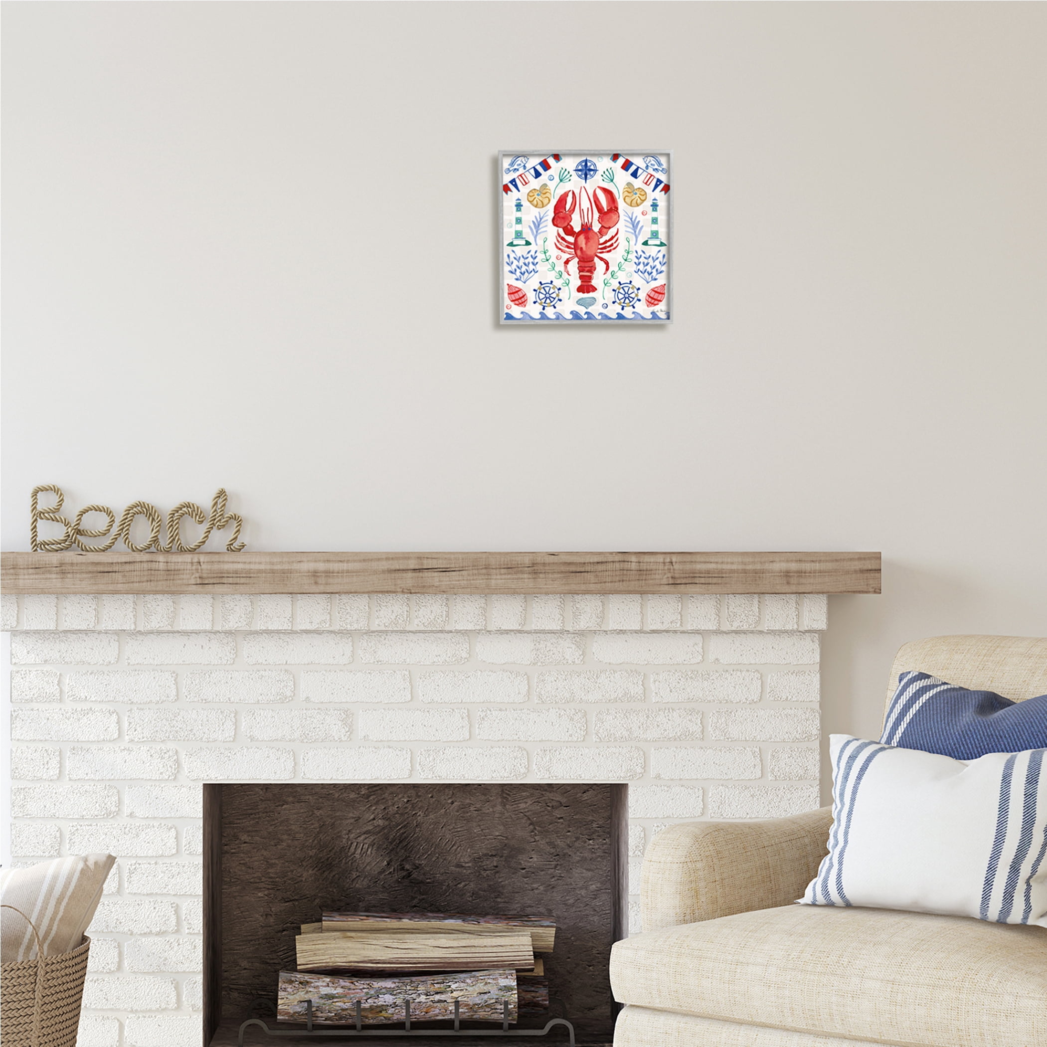 Stupell Industries Lobster on Nautical Pattern Animals & Insects Painting Gray Framed Art Print Wall Art, 12 x 12